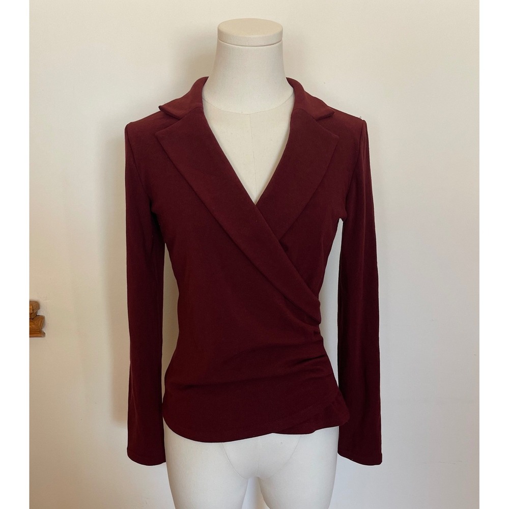OGL Burgundy Collared Long Sleeve Ruched V-neck Knit Top Dress Up or Down  Comfy